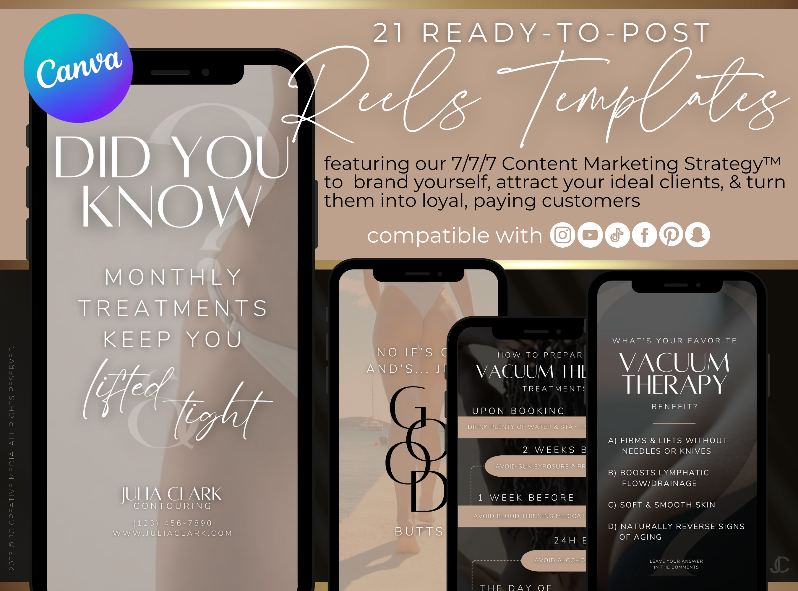 21 Vacuum Therapy BBL & Breast Lift Marketing Reels Posts for Spas & Specialists (Canva Video Templates) | Aesthete Collection™ Luxury Edition