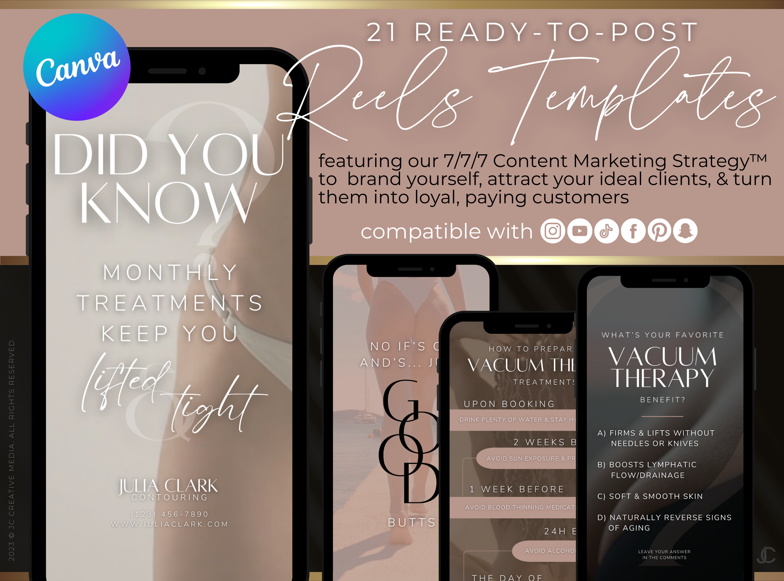 21 Vacuum Therapy BBL & Breast Lift Marketing Reels Posts for Spas & Specialists (Canva Video Templates) | Aesthete Collection™ Rose Gold Edition