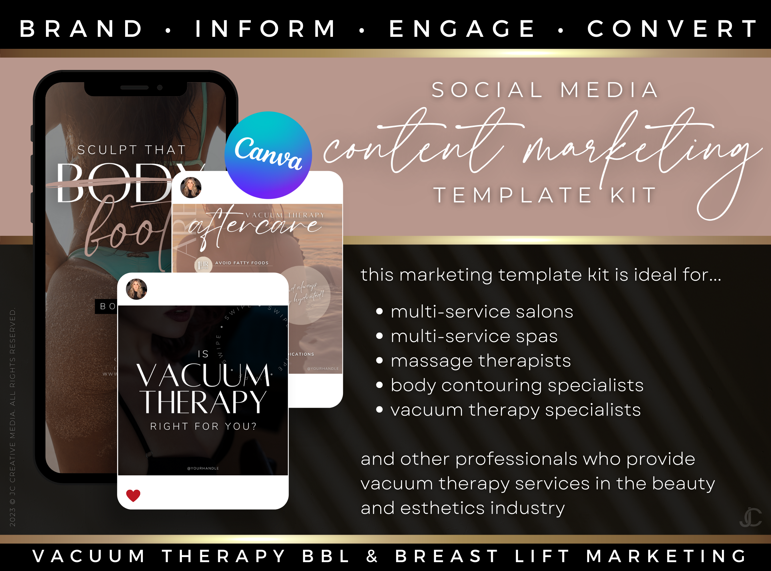 300+ Vacuum Therapy BBL & Breast Lift Social Media Canva Templates for Spa Marketing | Aesthete Collection™ Rose Gold Edition