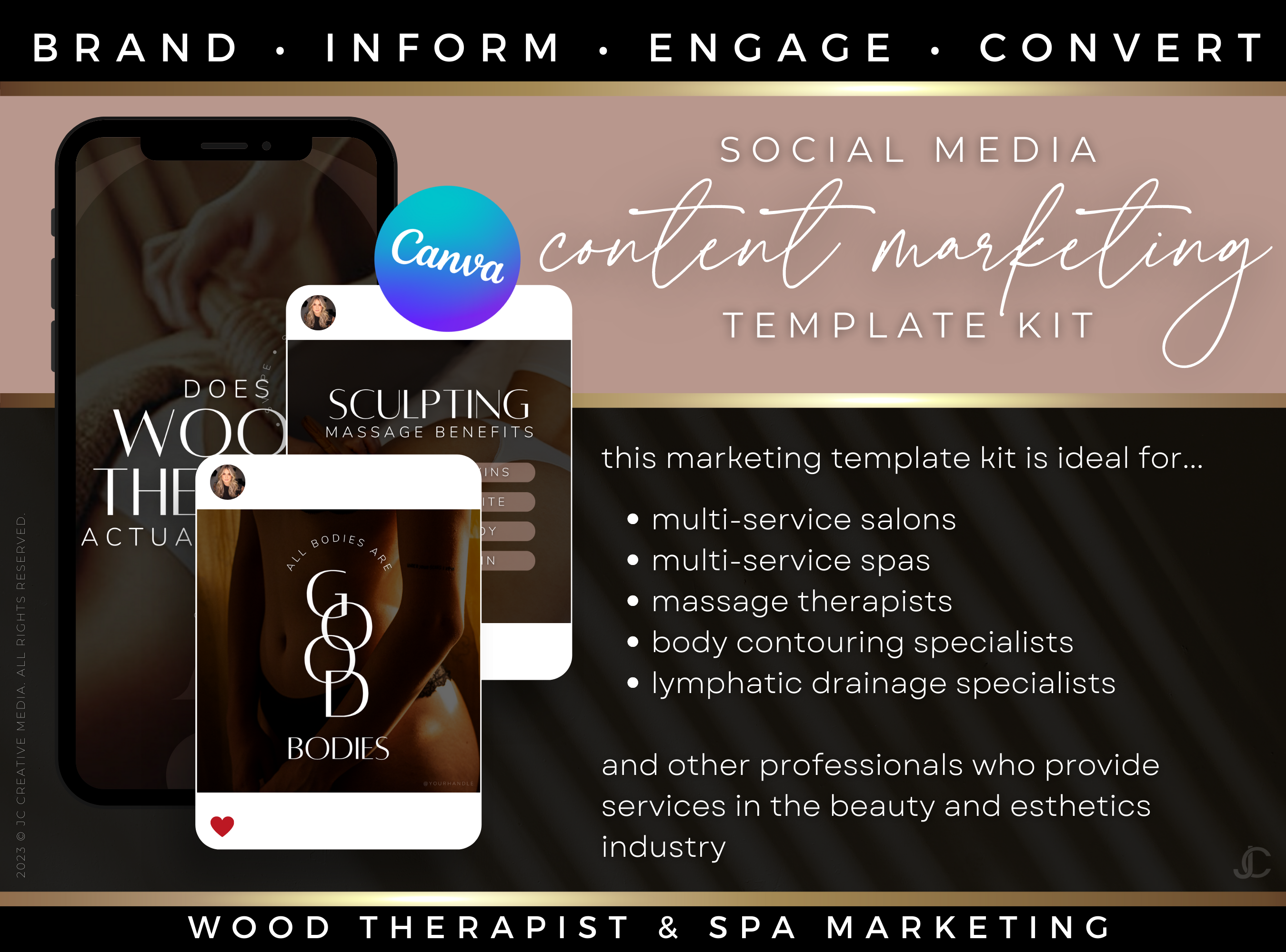 400+ Wood Therapy Social Media Canva Templates for Spa & Massage Therapist Marketing | Aesthete Collection™ Rose Gold Edition