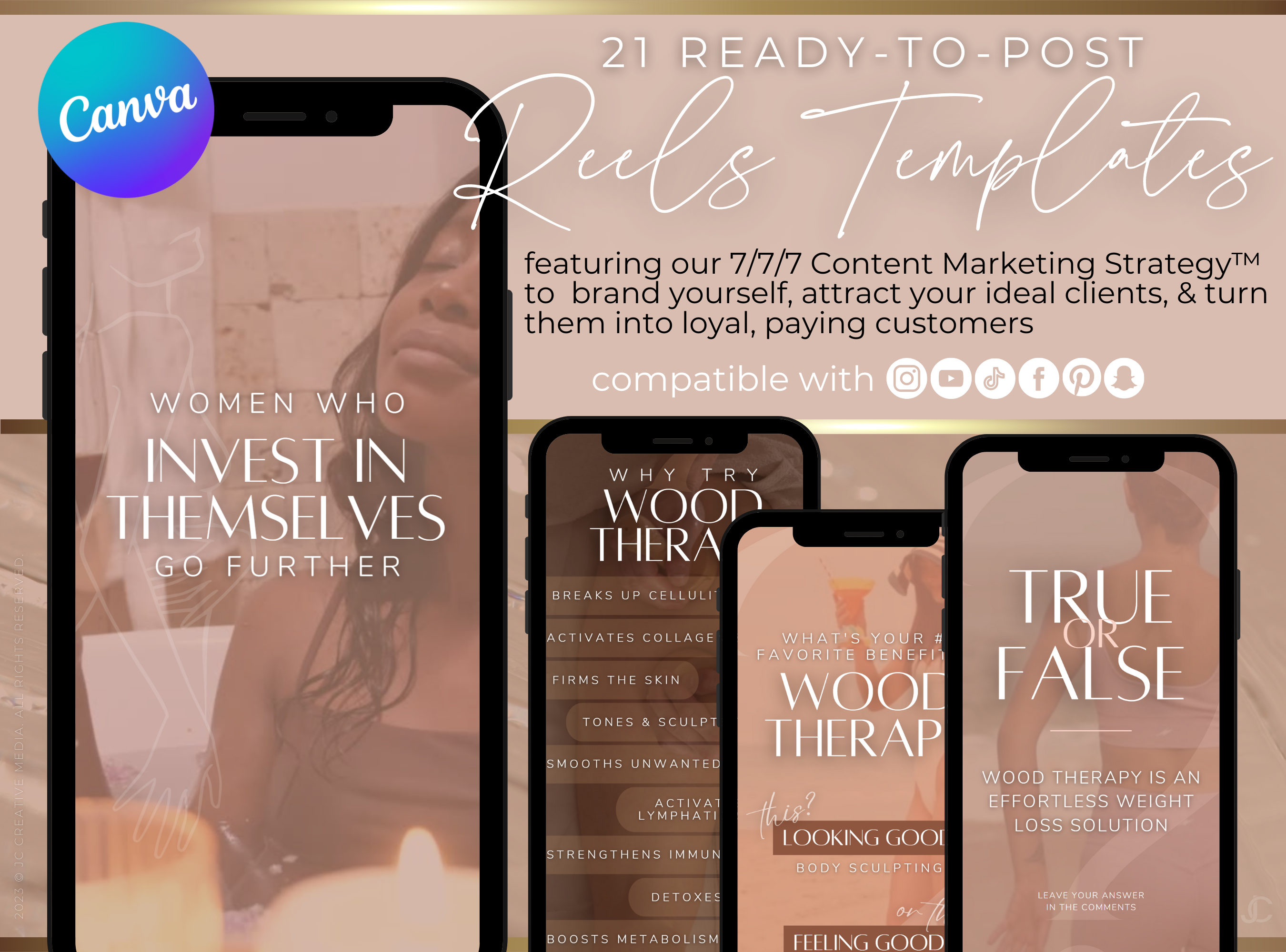 21 Wood Therapy Marketing Reels Posts for Spas & Body Contouring Specialists (Canva Video Templates) | Aesthete Collection™ Nudes Edition