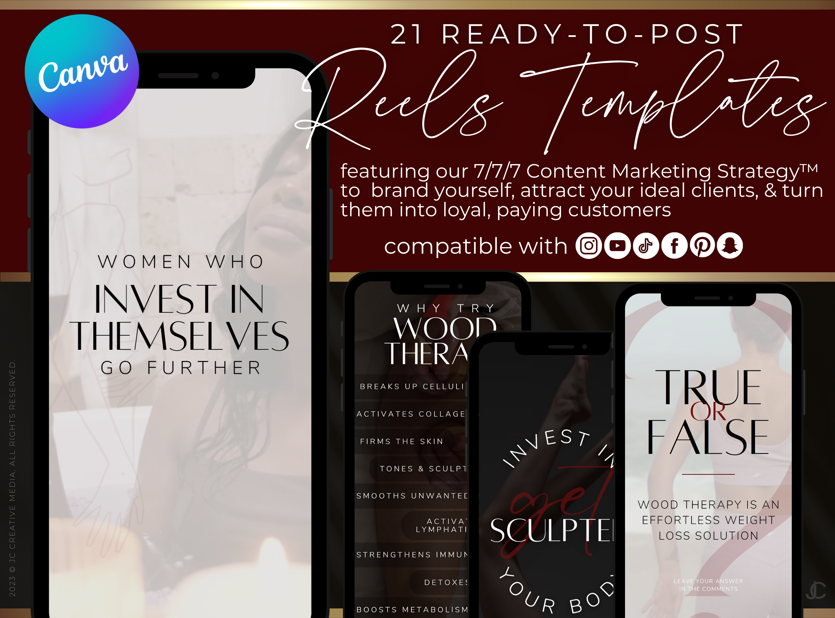 21 Wood Therapy Marketing Reels Posts for Spas & Body Contouring Specialists (Canva Video Templates) | Aesthete Collection™ Vogue Edition