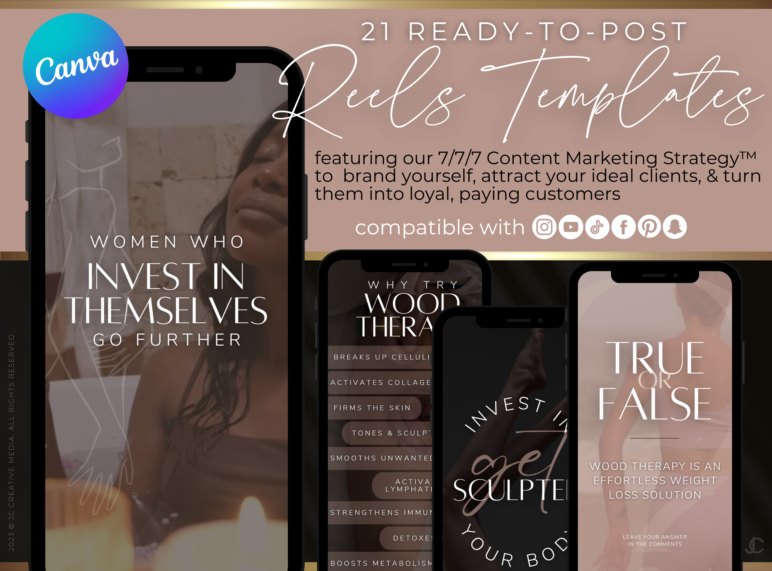 21 Wood Therapy Marketing Reels Posts for Spas & Body Contouring Specialists (Canva Video Templates) | Aesthete Collection™ Rose Gold Edition