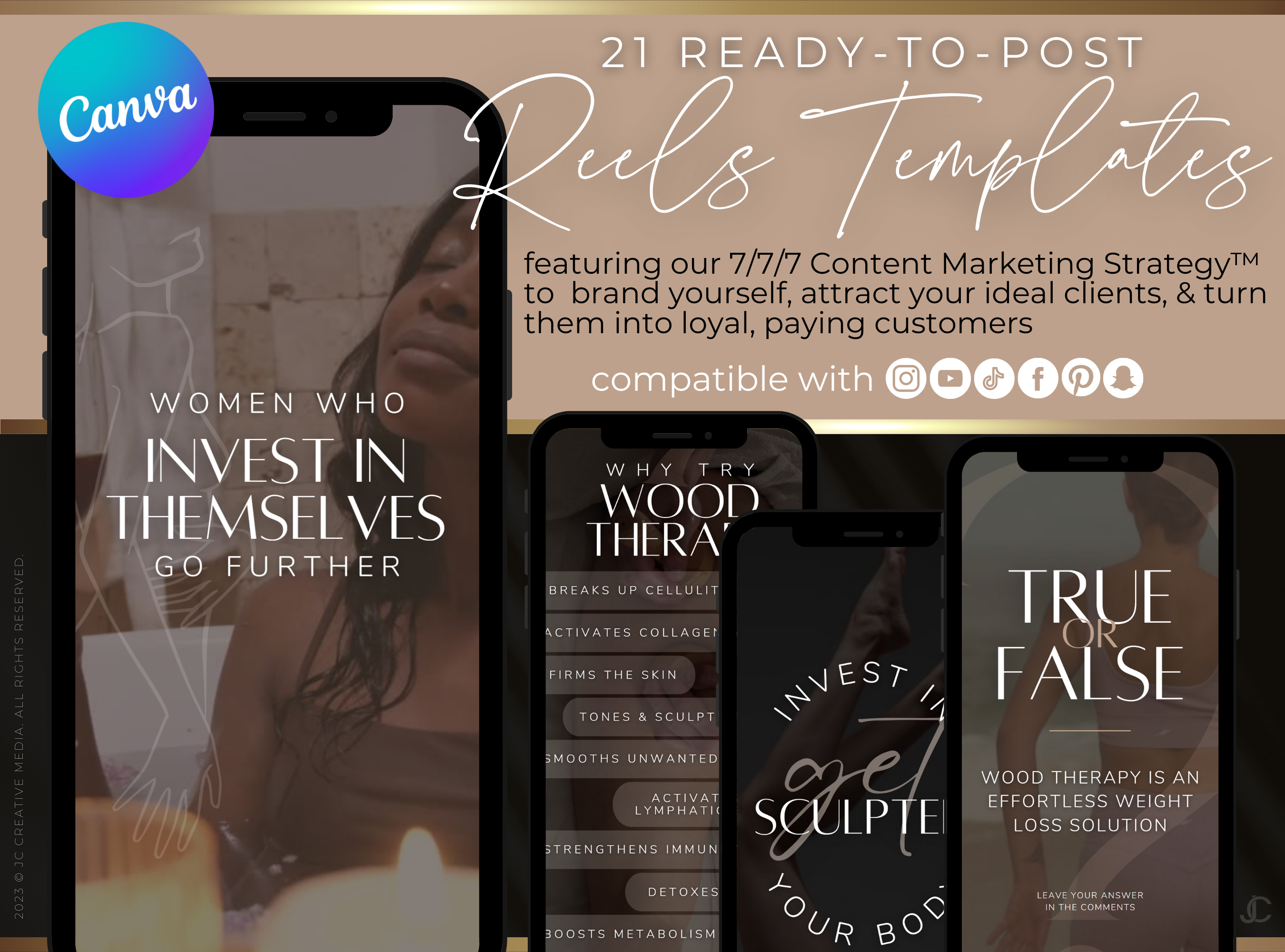 21 Wood Therapy Marketing Reels Posts for Spas & Body Contouring Specialists (Canva Video Templates) | Aesthete Collection™ Luxury Edition