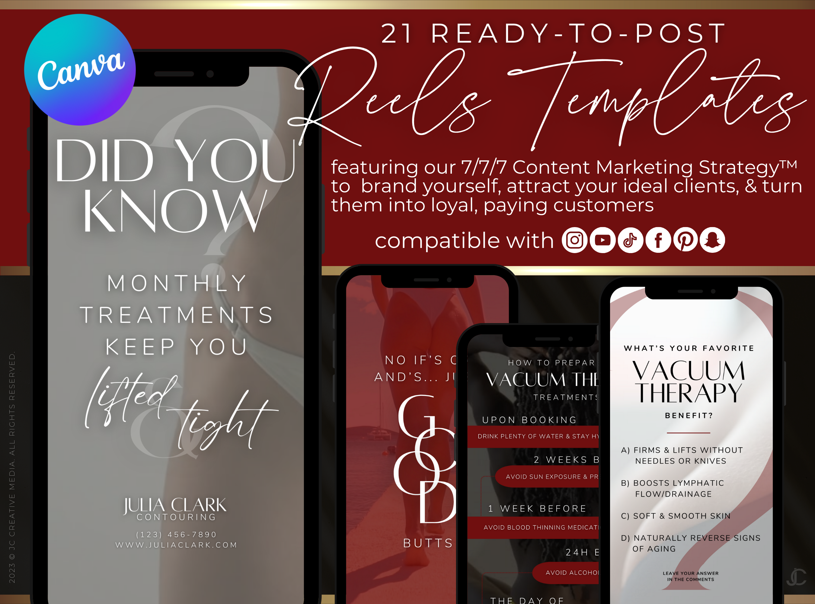 21 Vacuum Therapy BBL & Breast Lift Marketing Reels Posts for Spas & Specialists (Canva Video Templates) | Aesthete Collection™ Vogue Edition