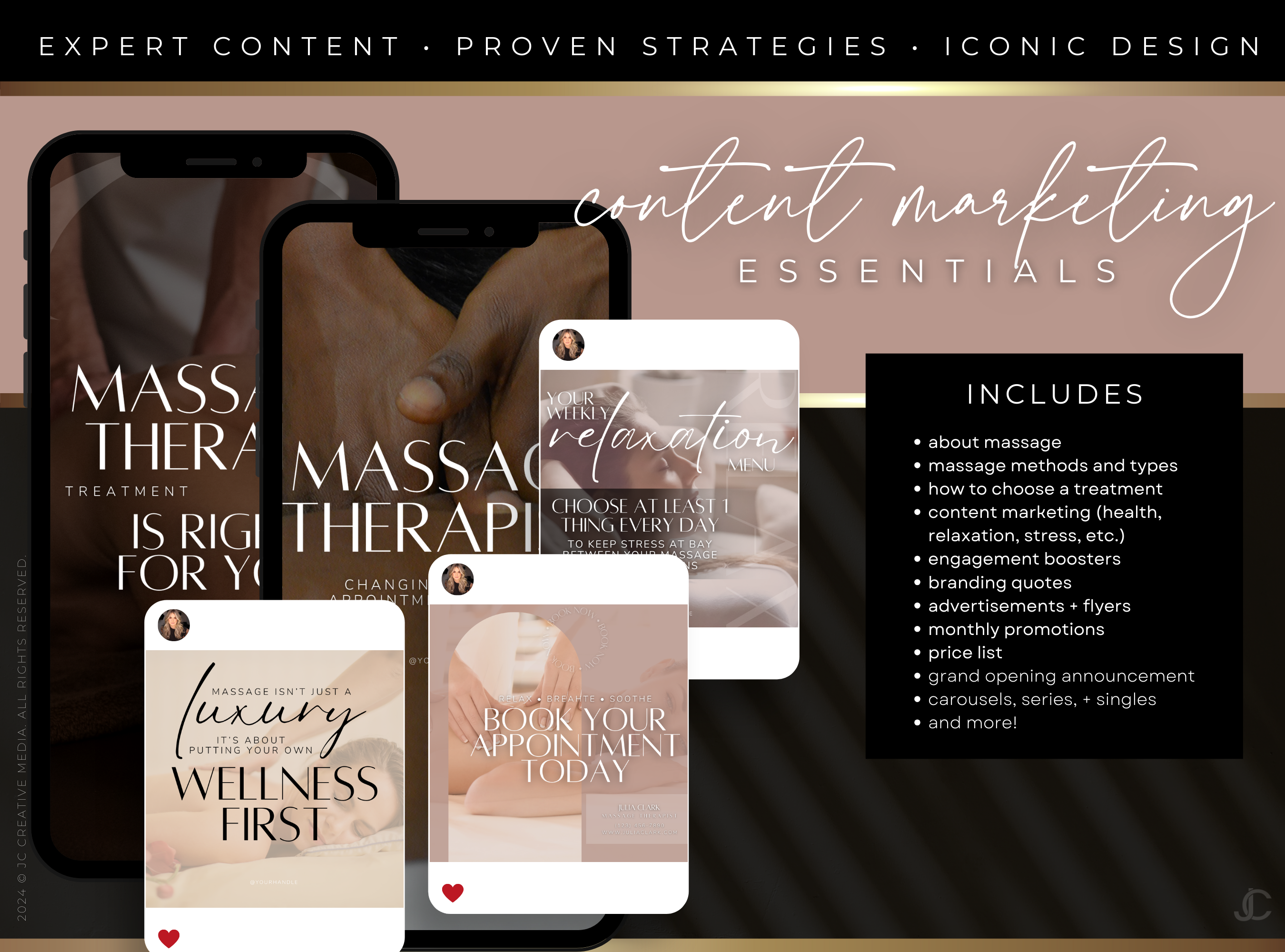 260 Massage Therapy Social Media Canva Templates for Spa Marketing | Aesthete Collection™ Rose Gold Edition