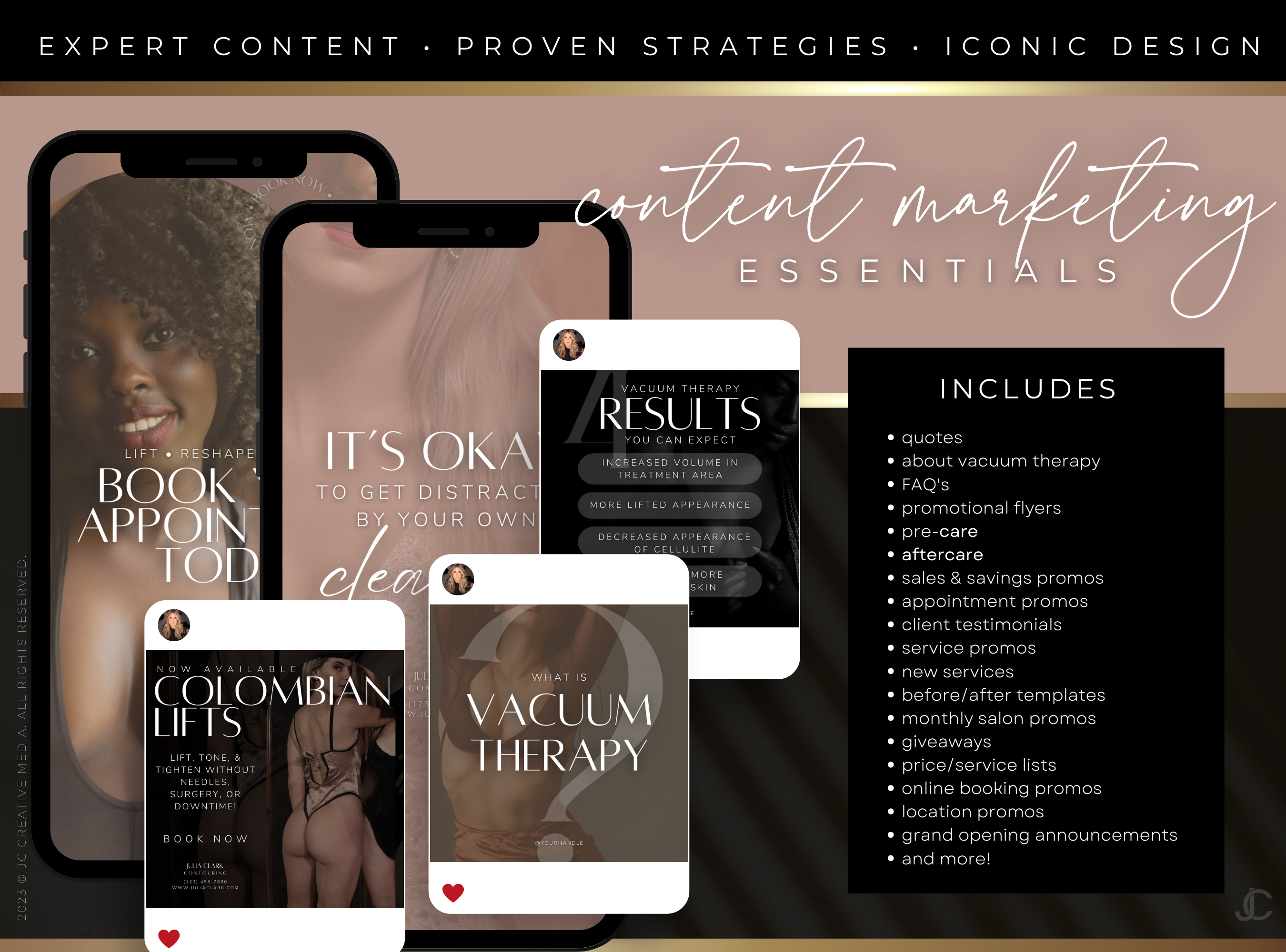 300+ Vacuum Therapy BBL & Breast Lift Social Media Canva Templates for Spa Marketing | Aesthete Collection™ Rose Gold Edition