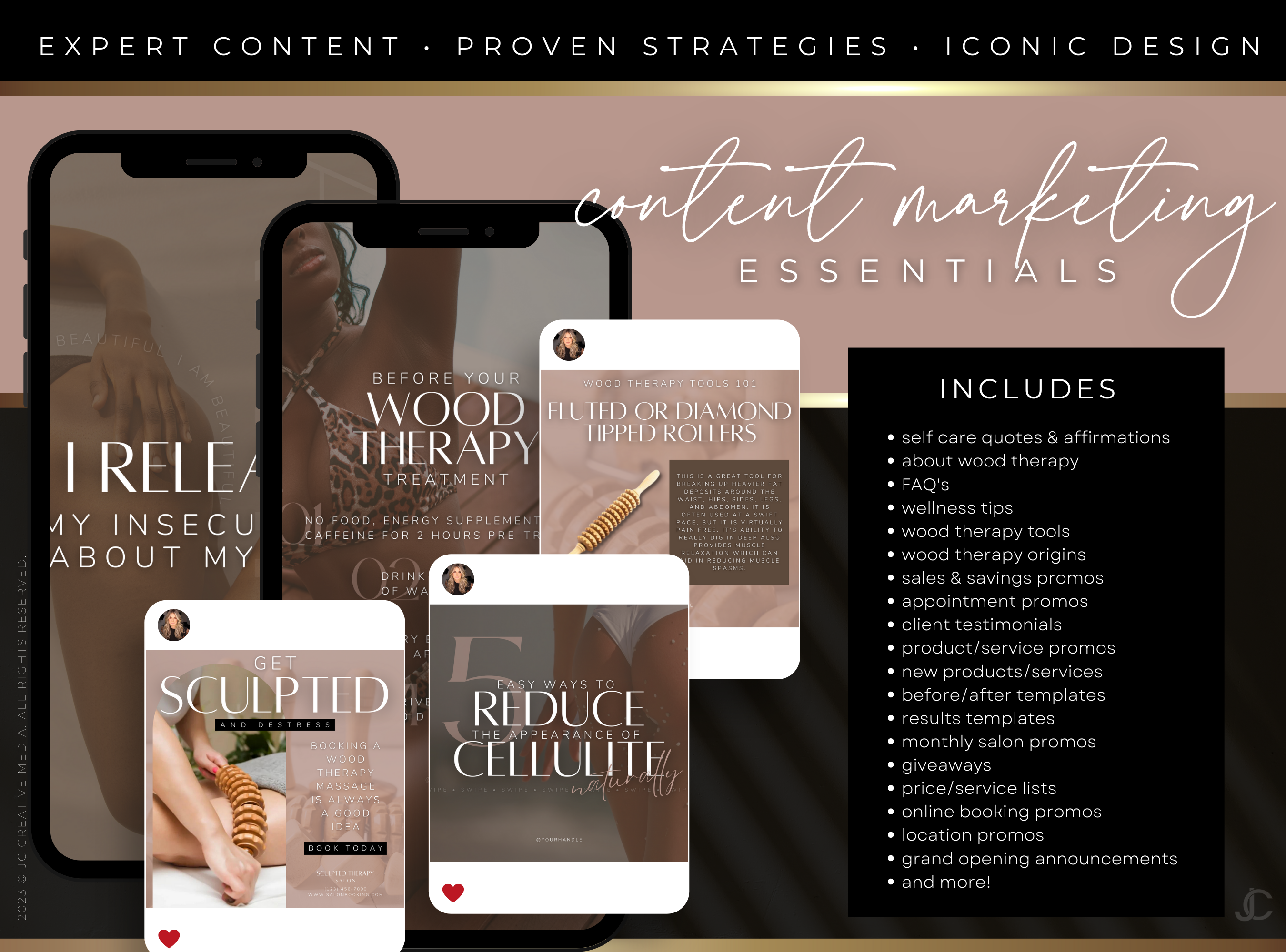 400+ Wood Therapy Social Media Canva Templates for Spa & Massage Therapist Marketing | Aesthete Collection™ Rose Gold Edition