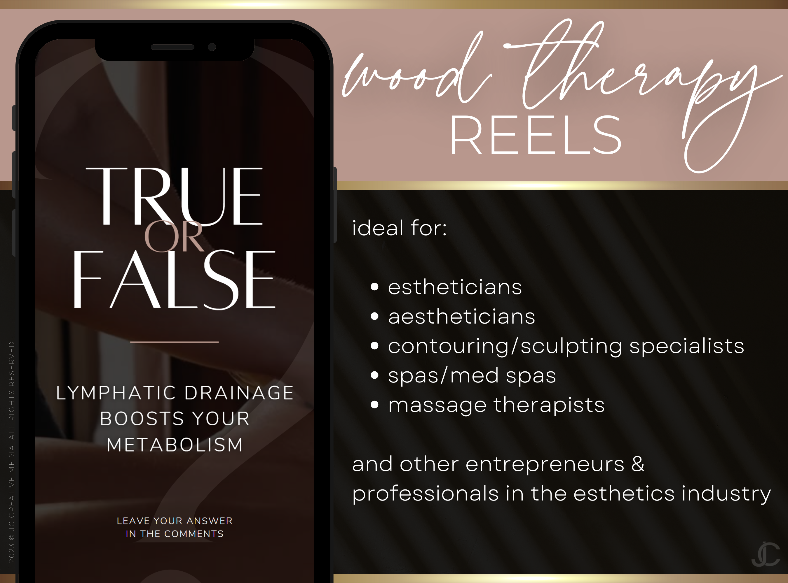 21 Wood Therapy Marketing Reels Posts for Spas & Body Contouring Specialists (Canva Video Templates) | Aesthete Collection™ Rose Gold Edition