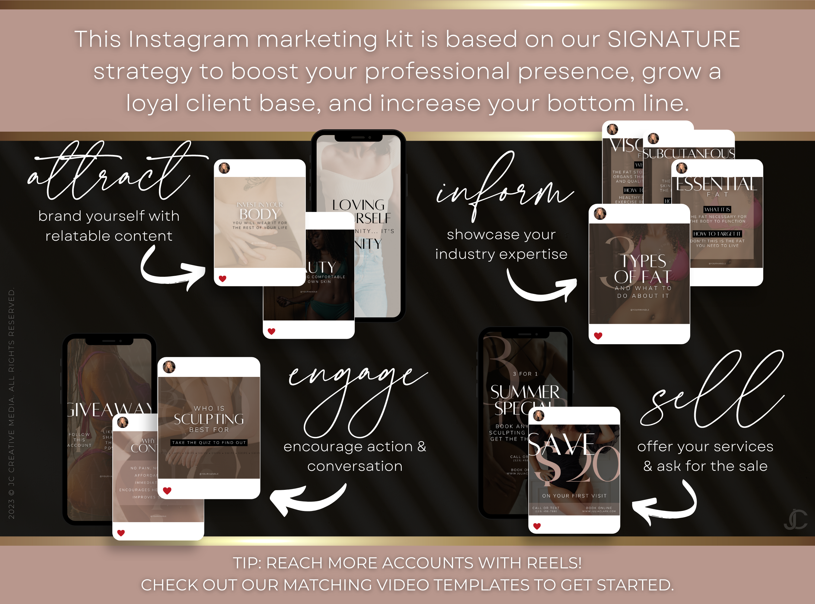 400 Body Contouring Instagram Posts for Spa & Body Sculpting Specialist Marketing (Canva Templates) | Aesthete Collection™ Rose Gold Edition