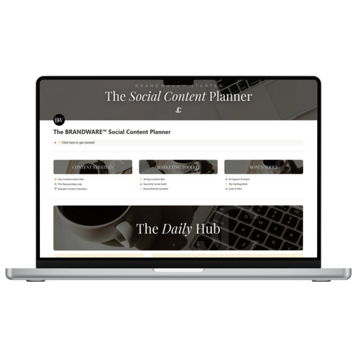 Laptop displaying The Social Content Planner Notion template on a white background