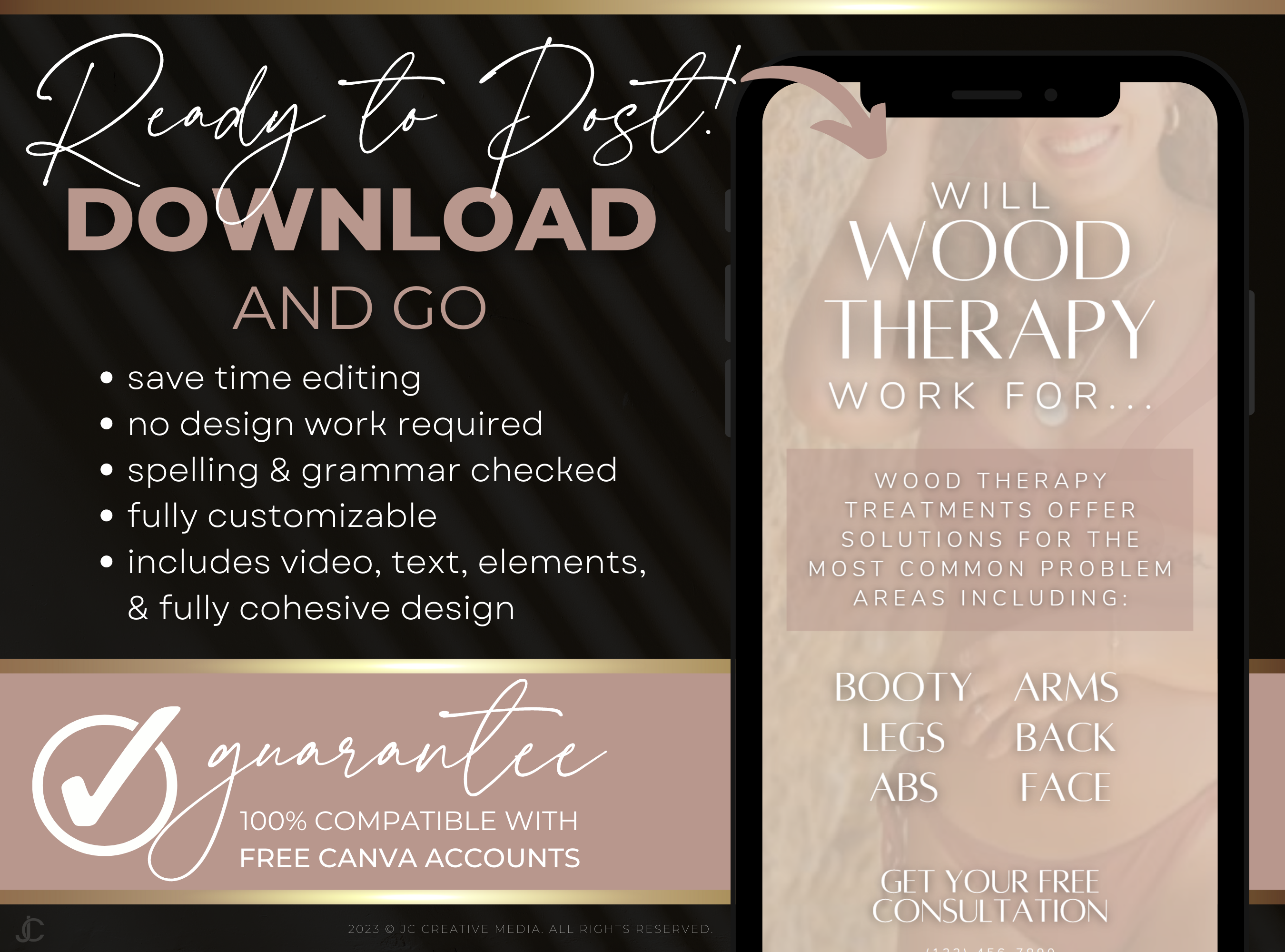 21 Wood Therapy Marketing Reels Posts for Spas & Body Contouring Specialists (Canva Video Templates) | Aesthete Collection™ Rose Gold Edition