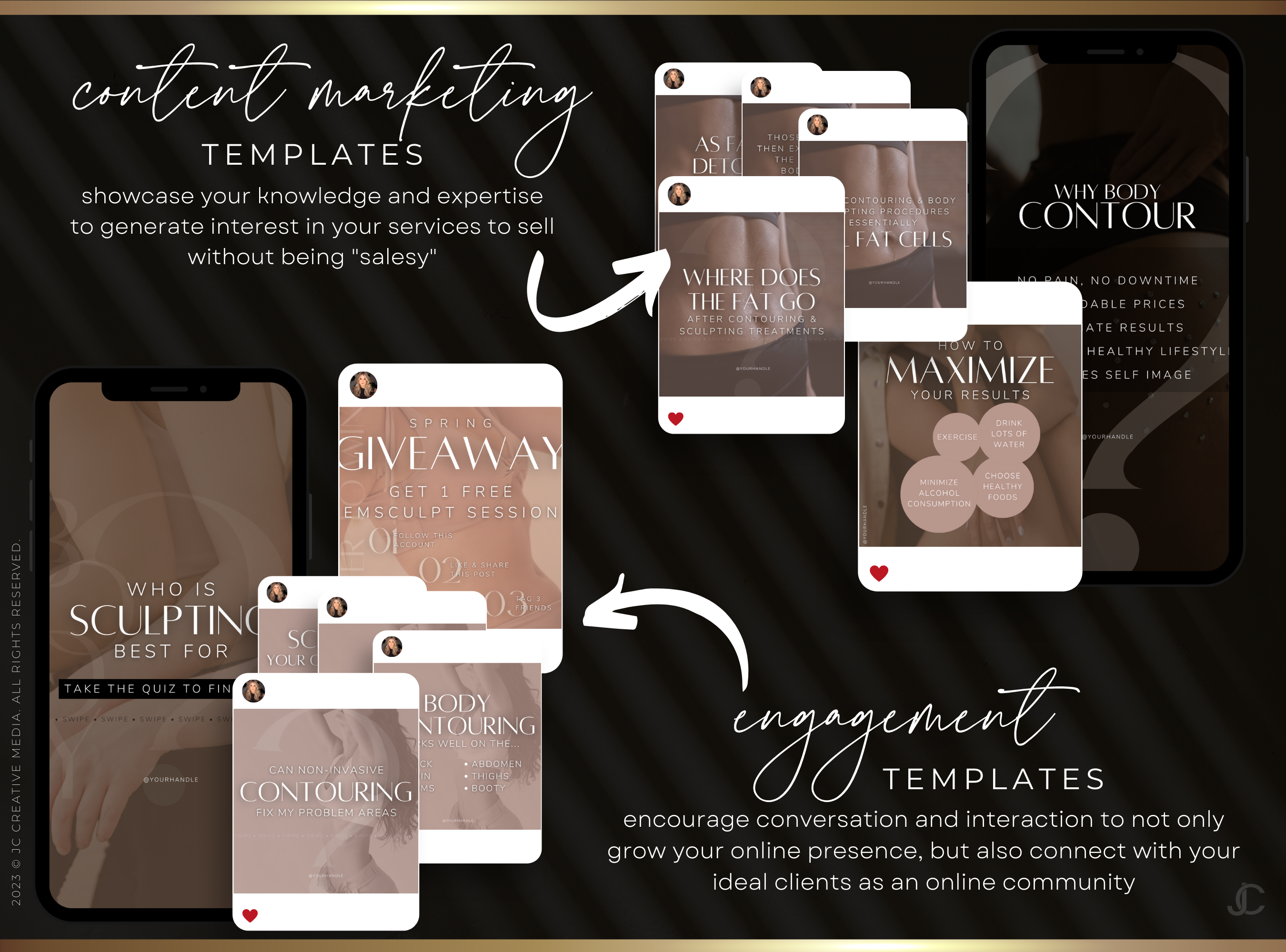 400 Body Contouring Instagram Posts for Spa & Body Sculpting Specialist Marketing (Canva Templates) | Aesthete Collection™ Rose Gold Edition