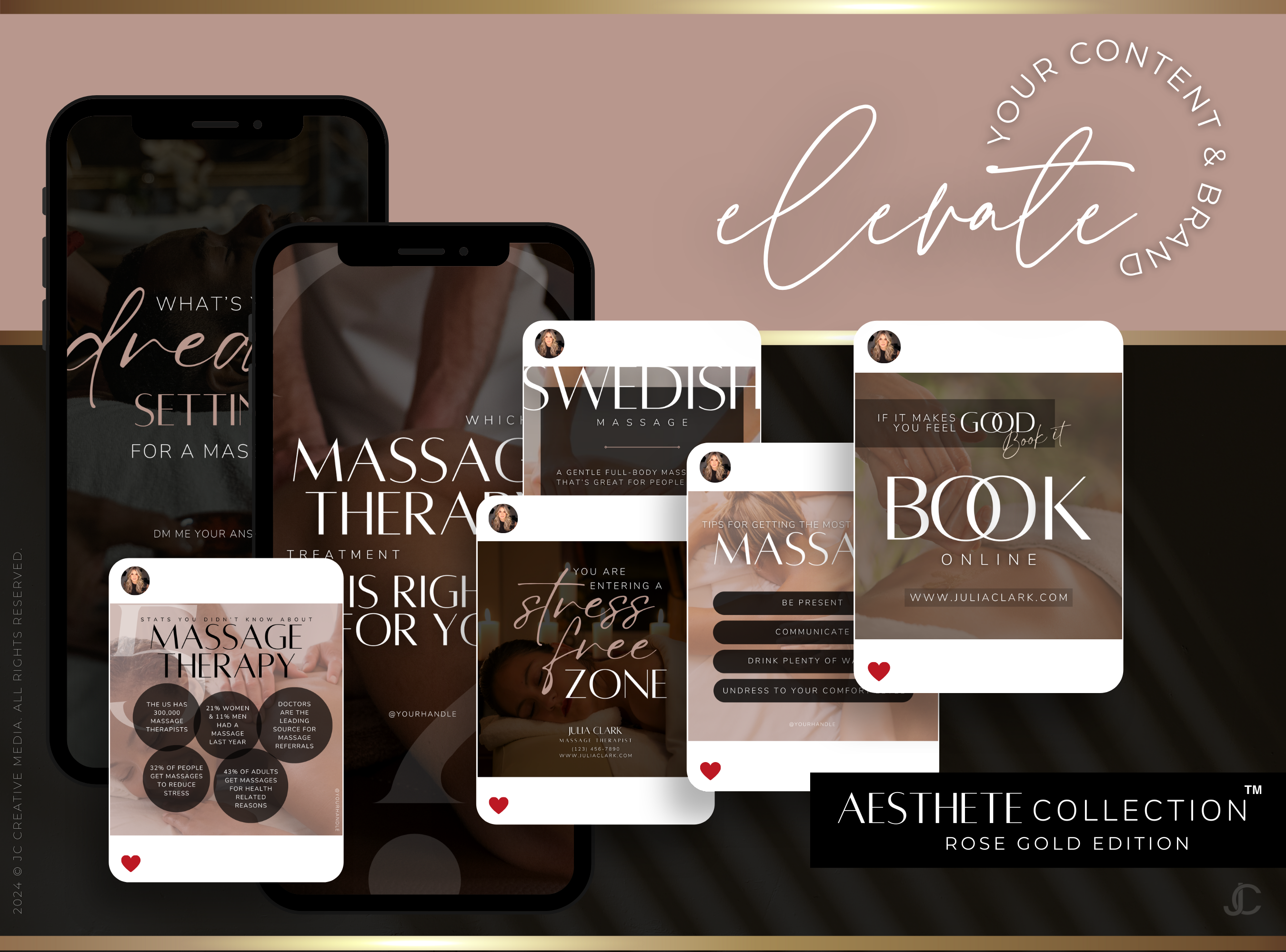 260 Massage Therapy Social Media Canva Templates for Spa Marketing | Aesthete Collection™ Rose Gold Edition