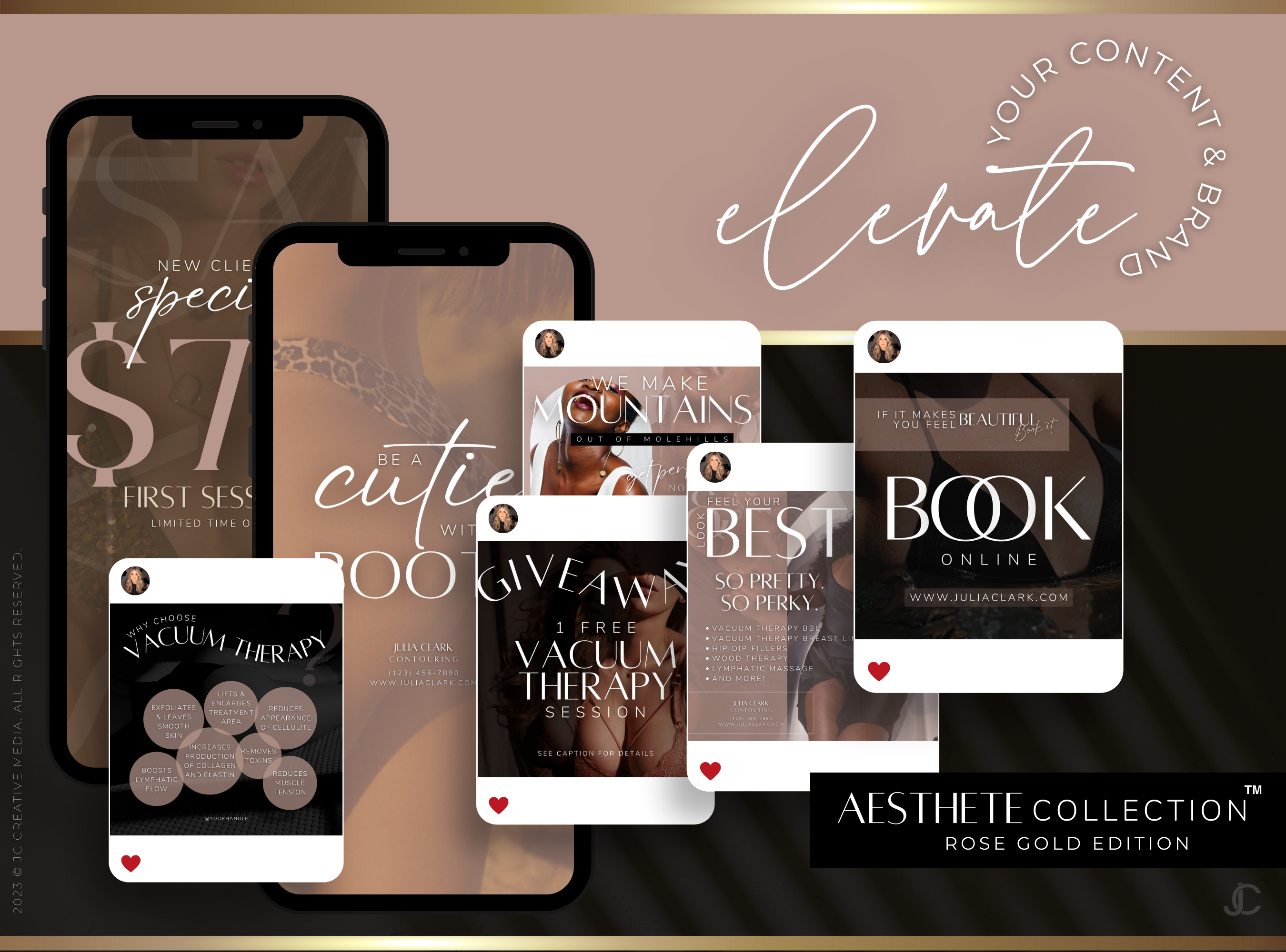 300+ Vacuum Therapy BBL & Breast Lift Social Media Canva Templates for Spa Marketing | Aesthete Collection™ Rose Gold Edition