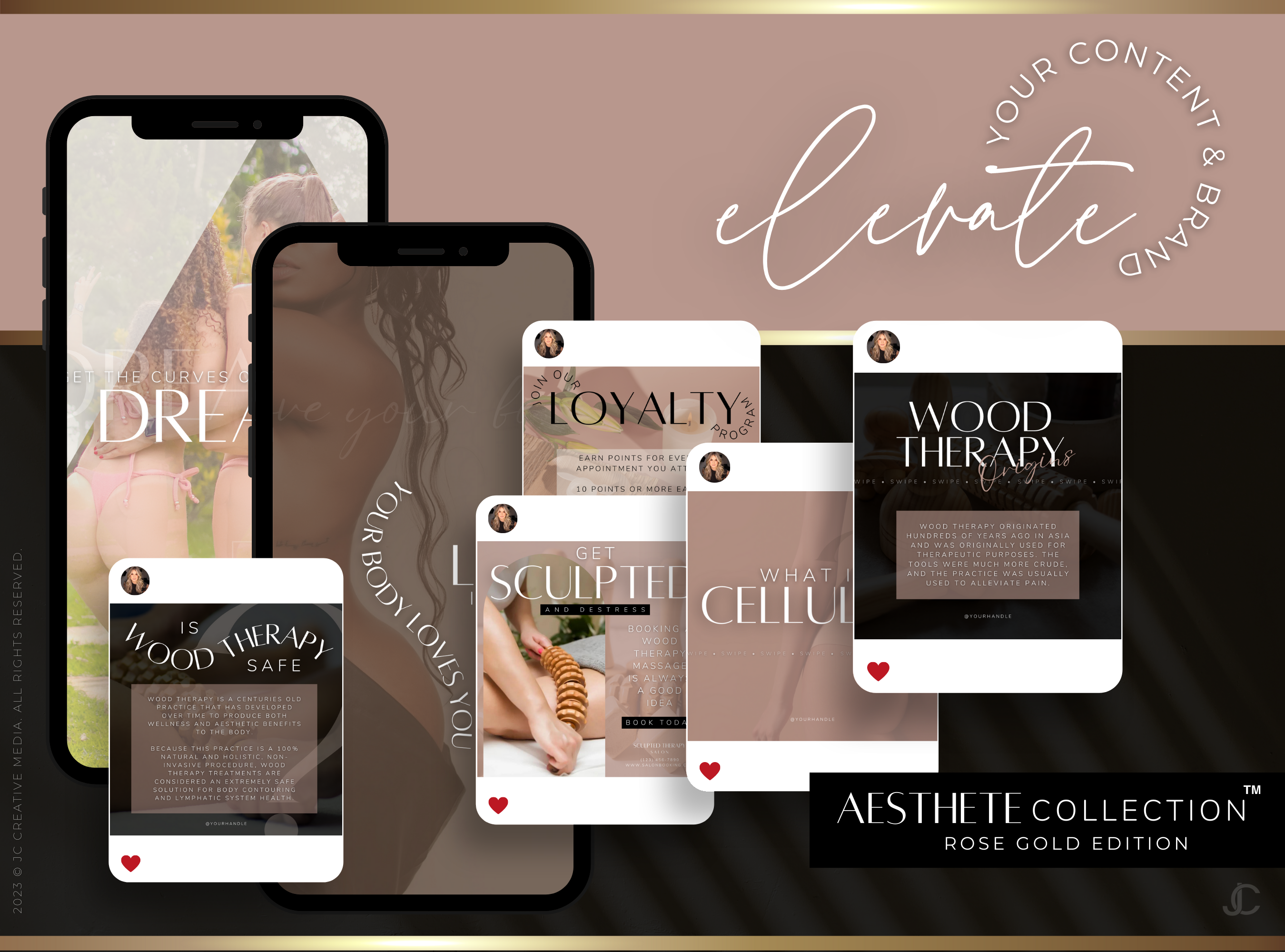 400+ Wood Therapy Social Media Canva Templates for Spa & Massage Therapist Marketing | Aesthete Collection™ Rose Gold Edition