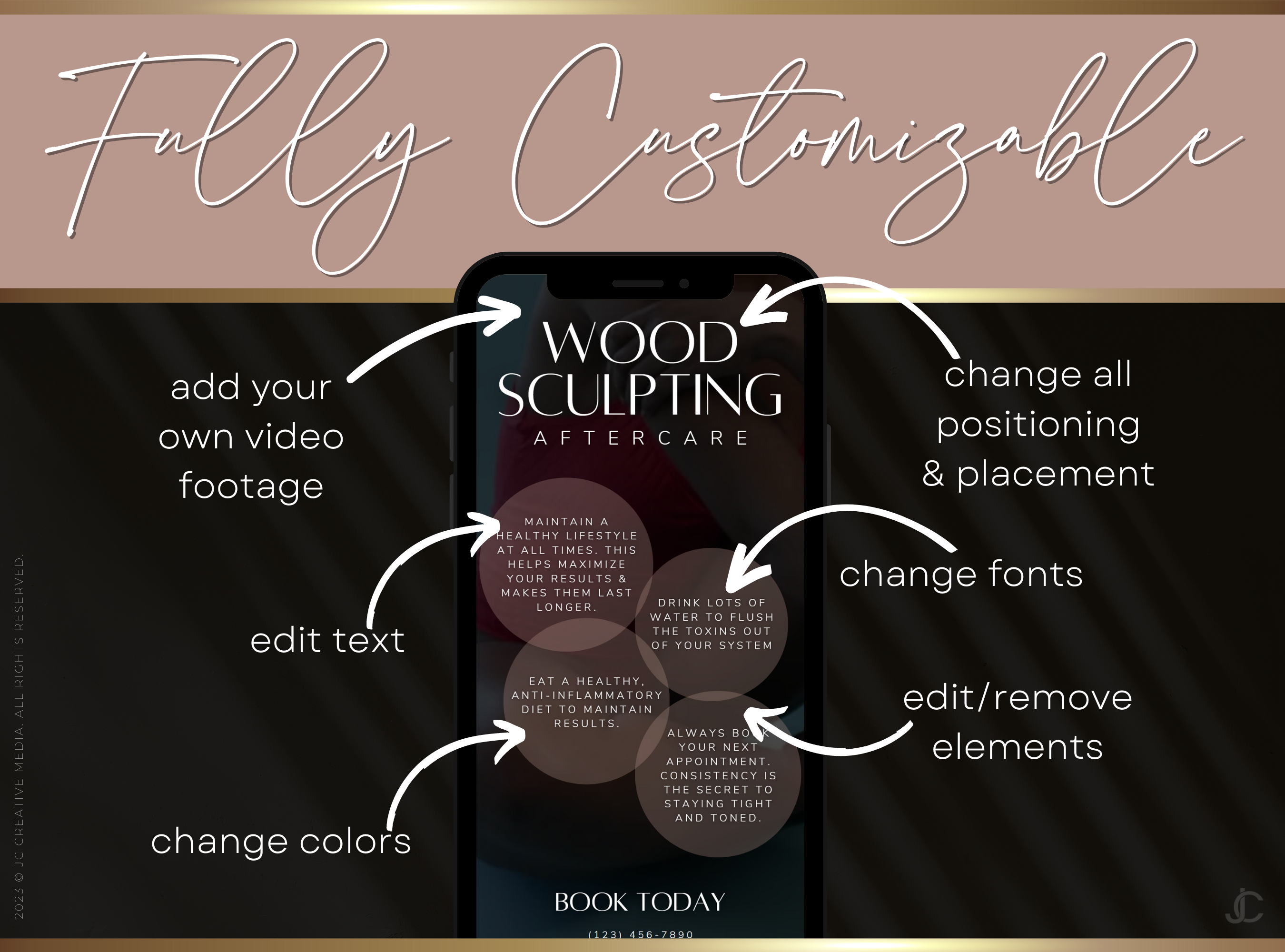 21 Wood Therapy Marketing Reels Posts for Spas & Body Contouring Specialists (Canva Video Templates) | Aesthete Collection™ Rose Gold Edition