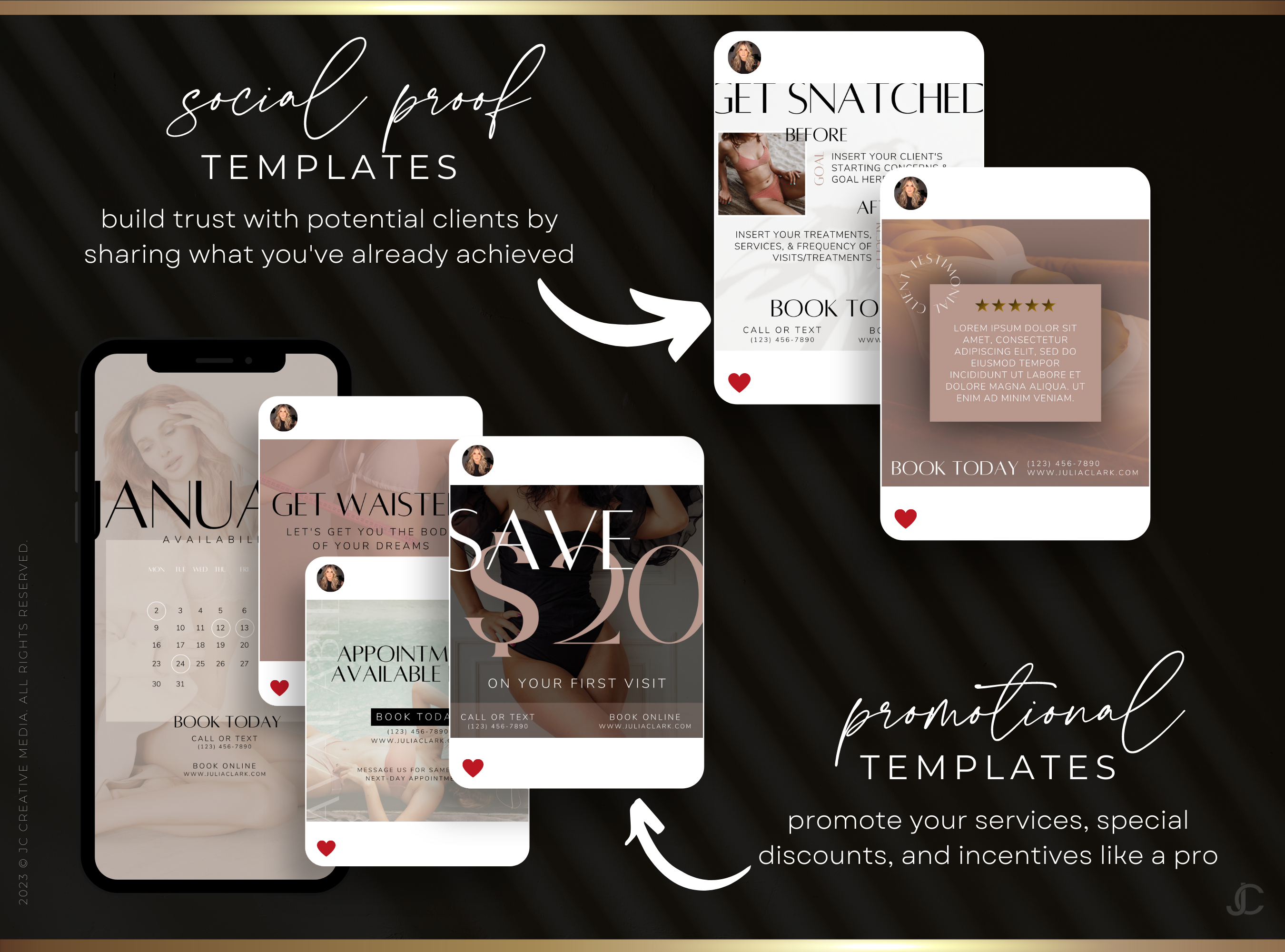 400 Body Contouring Instagram Posts for Spa & Body Sculpting Specialist Marketing (Canva Templates) | Aesthete Collection™ Rose Gold Edition