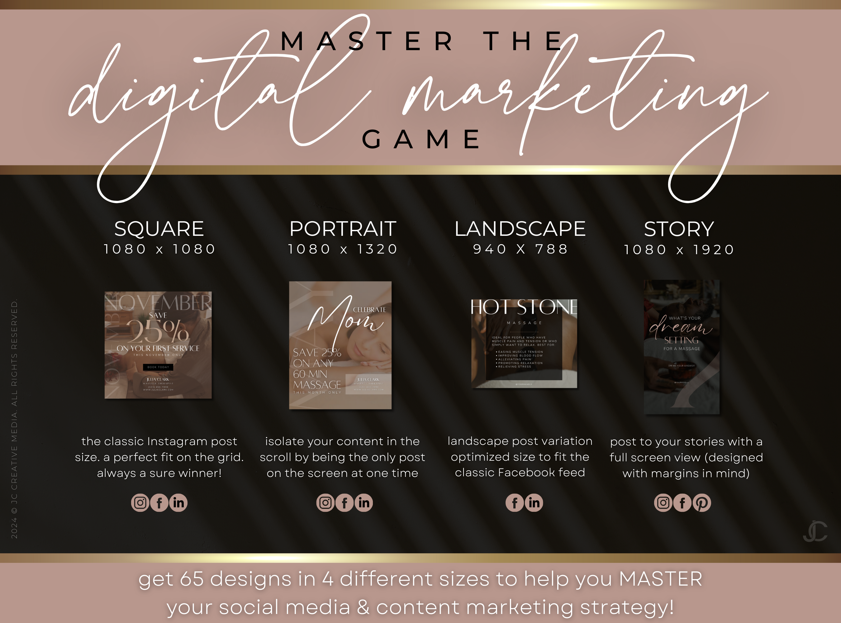 260 Massage Therapy Social Media Canva Templates for Spa Marketing | Aesthete Collection™ Rose Gold Edition