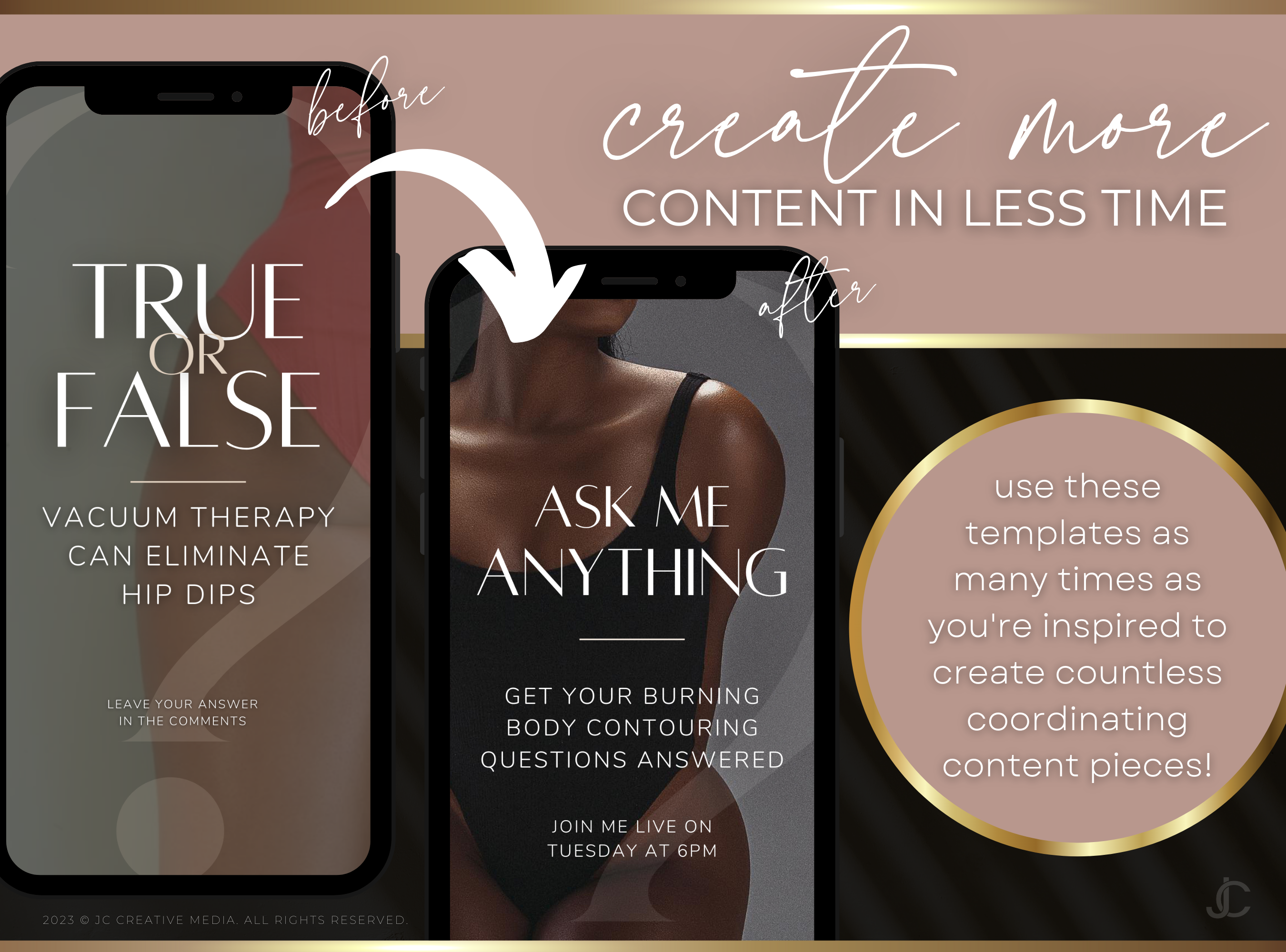 21 Vacuum Therapy BBL & Breast Lift Marketing Reels Posts for Spas & Specialists (Canva Video Templates) | Aesthete Collection™ Rose Gold Edition