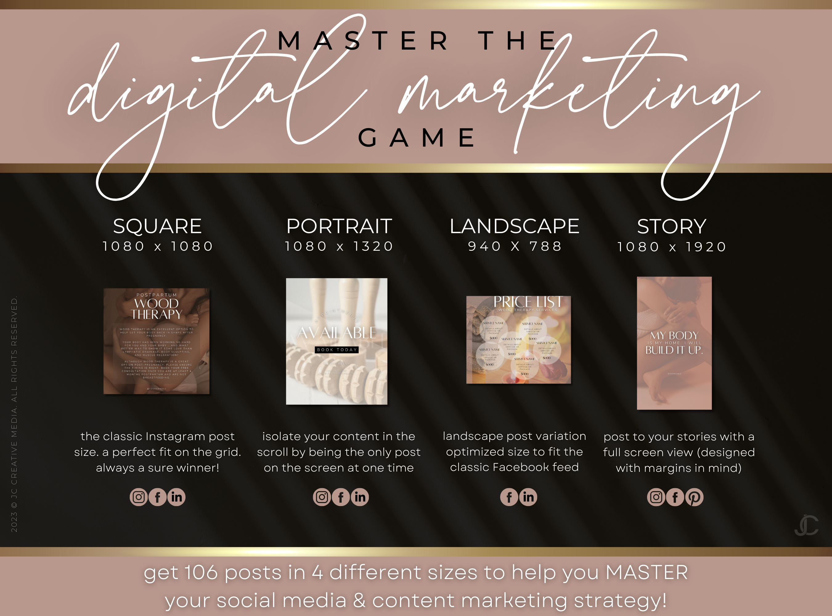 400+ Wood Therapy Social Media Canva Templates for Spa & Massage Therapist Marketing | Aesthete Collection™ Rose Gold Edition