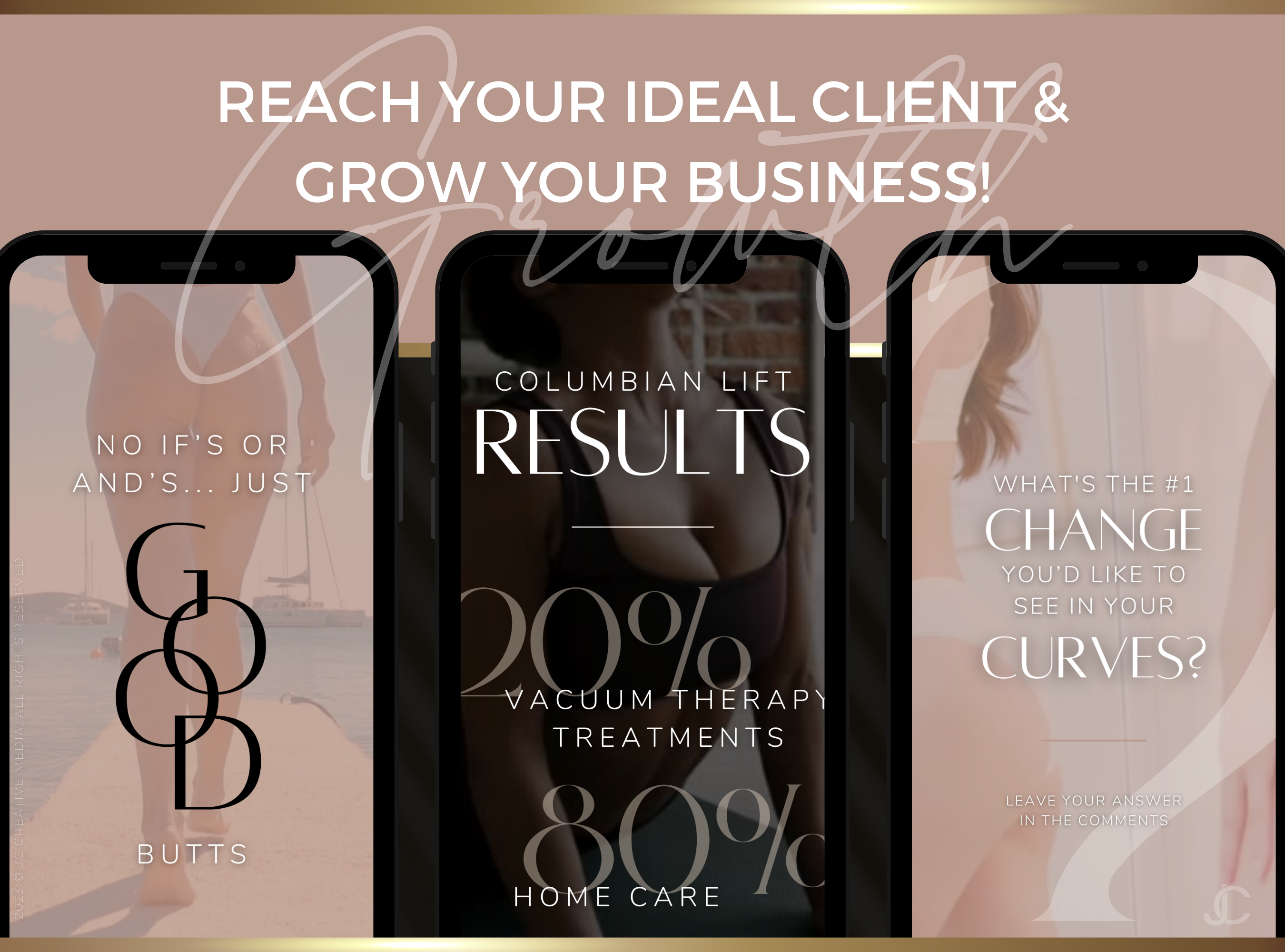 21 Vacuum Therapy BBL & Breast Lift Marketing Reels Posts for Spas & Specialists (Canva Video Templates) | Aesthete Collection™ Rose Gold Edition