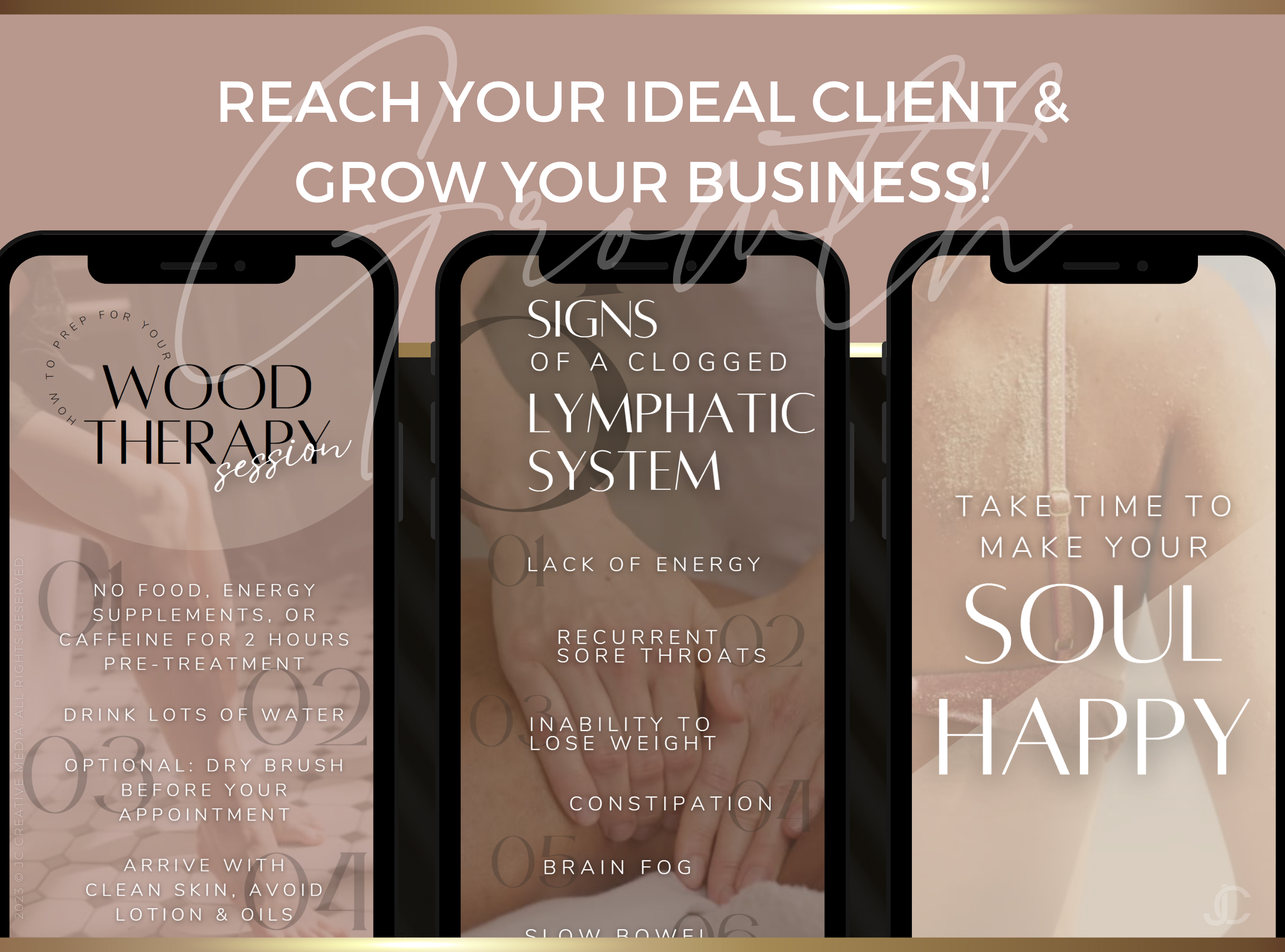 21 Wood Therapy Marketing Reels Posts for Spas & Body Contouring Specialists (Canva Video Templates) | Aesthete Collection™ Rose Gold Edition