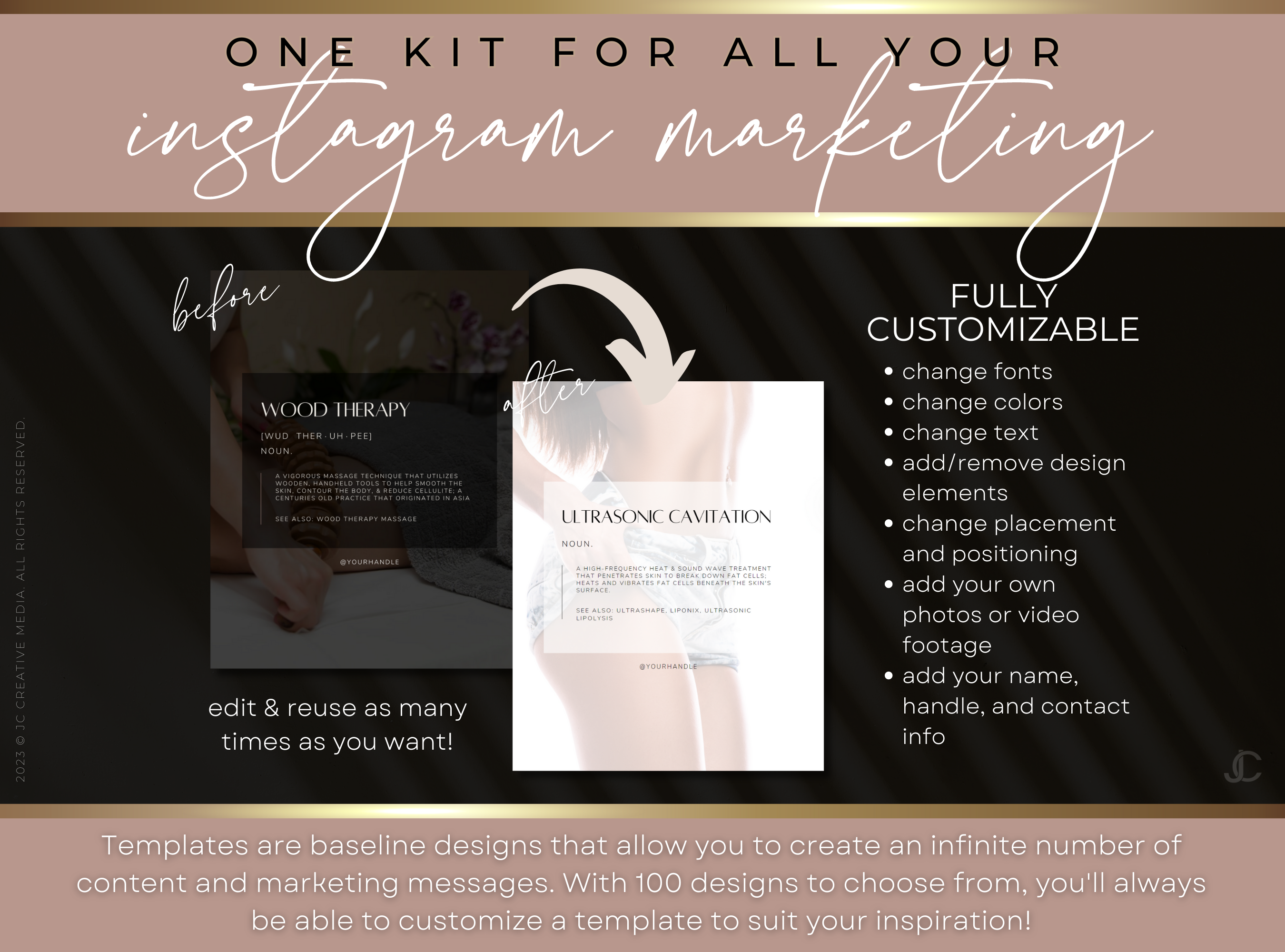 400 Body Contouring Instagram Posts for Spa & Body Sculpting Specialist Marketing (Canva Templates) | Aesthete Collection™ Rose Gold Edition