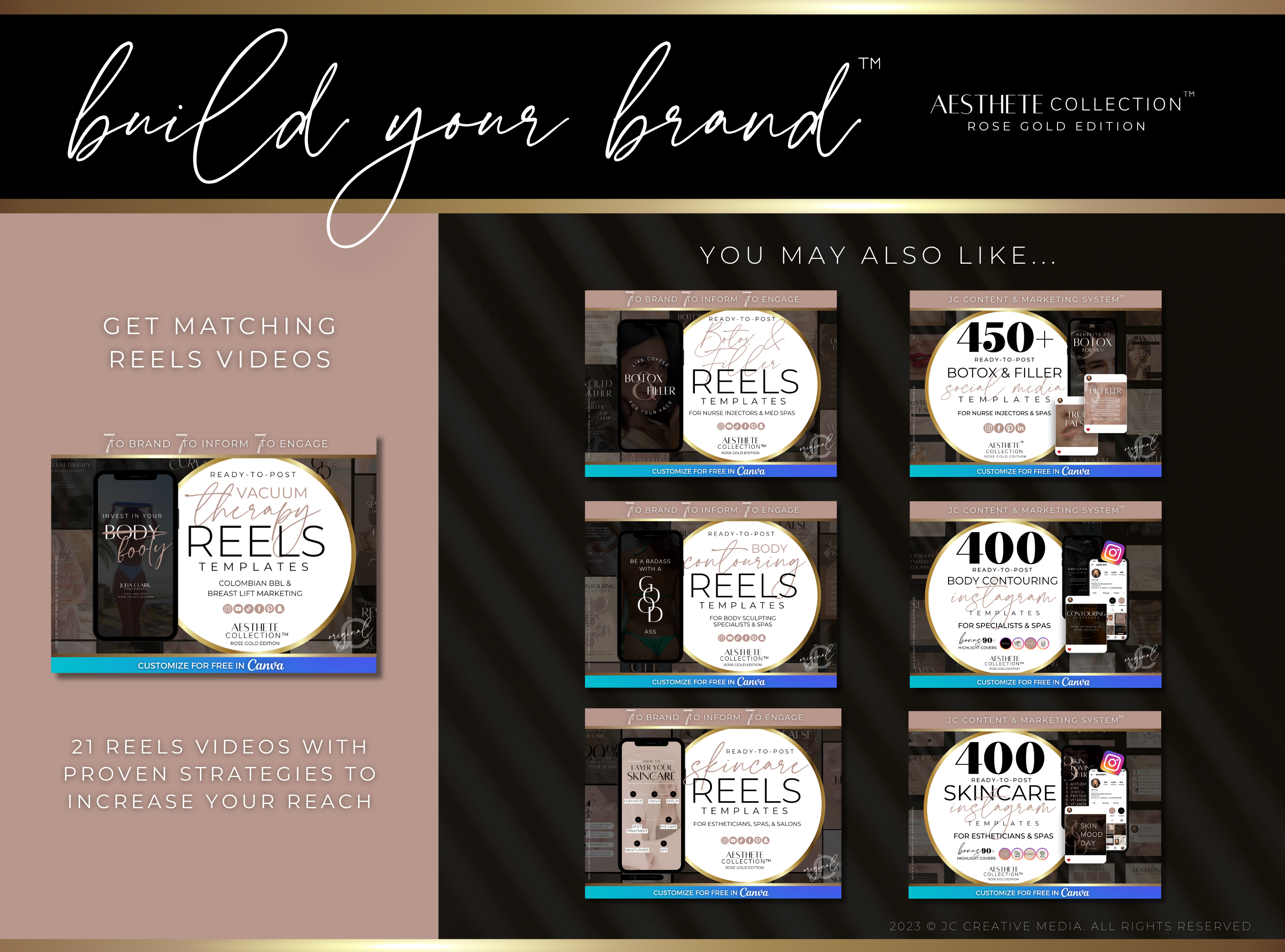 300+ Vacuum Therapy BBL & Breast Lift Social Media Canva Templates for Spa Marketing | Aesthete Collection™ Rose Gold Edition