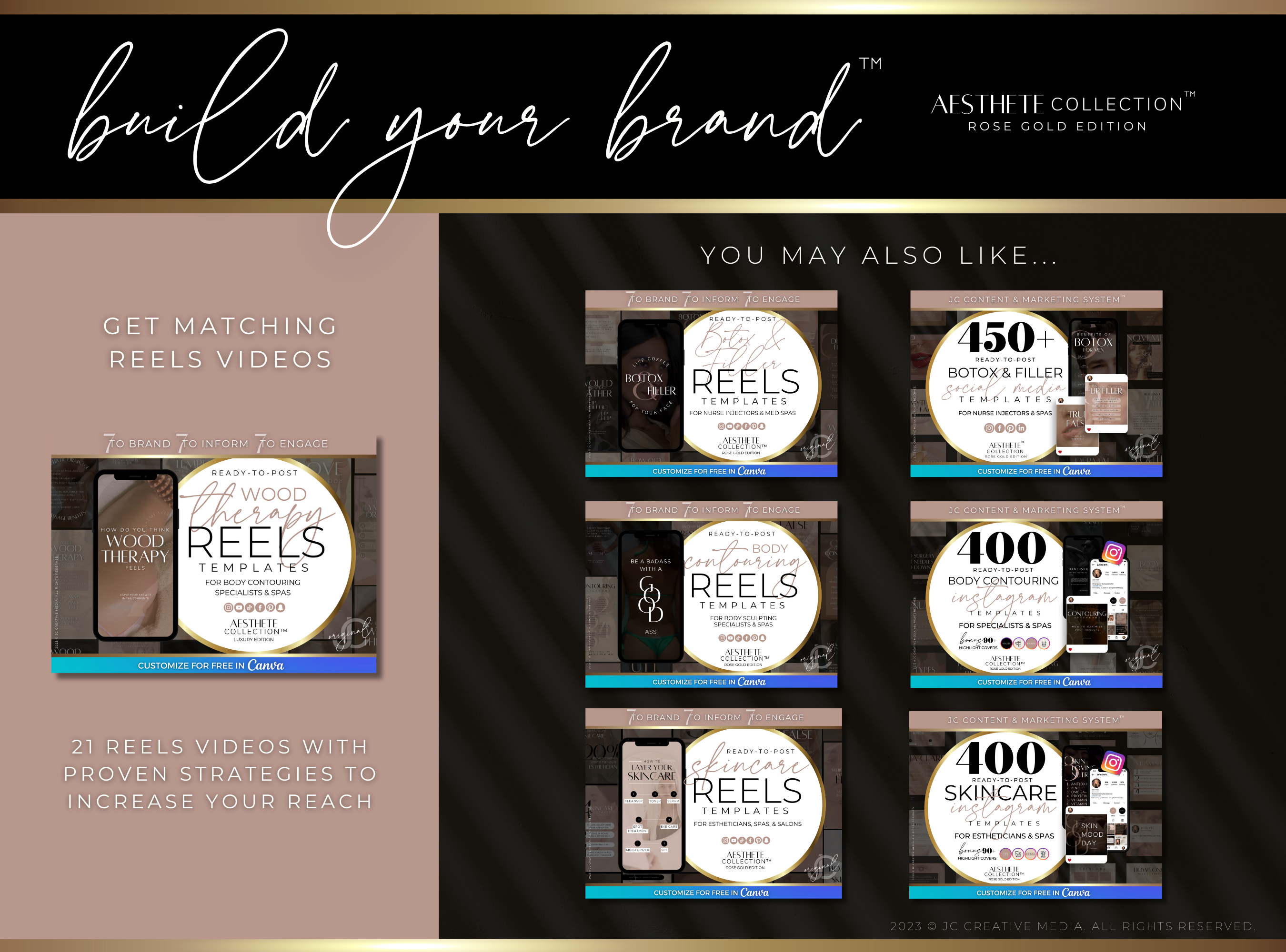 400+ Wood Therapy Social Media Canva Templates for Spa & Massage Therapist Marketing | Aesthete Collection™ Rose Gold Edition