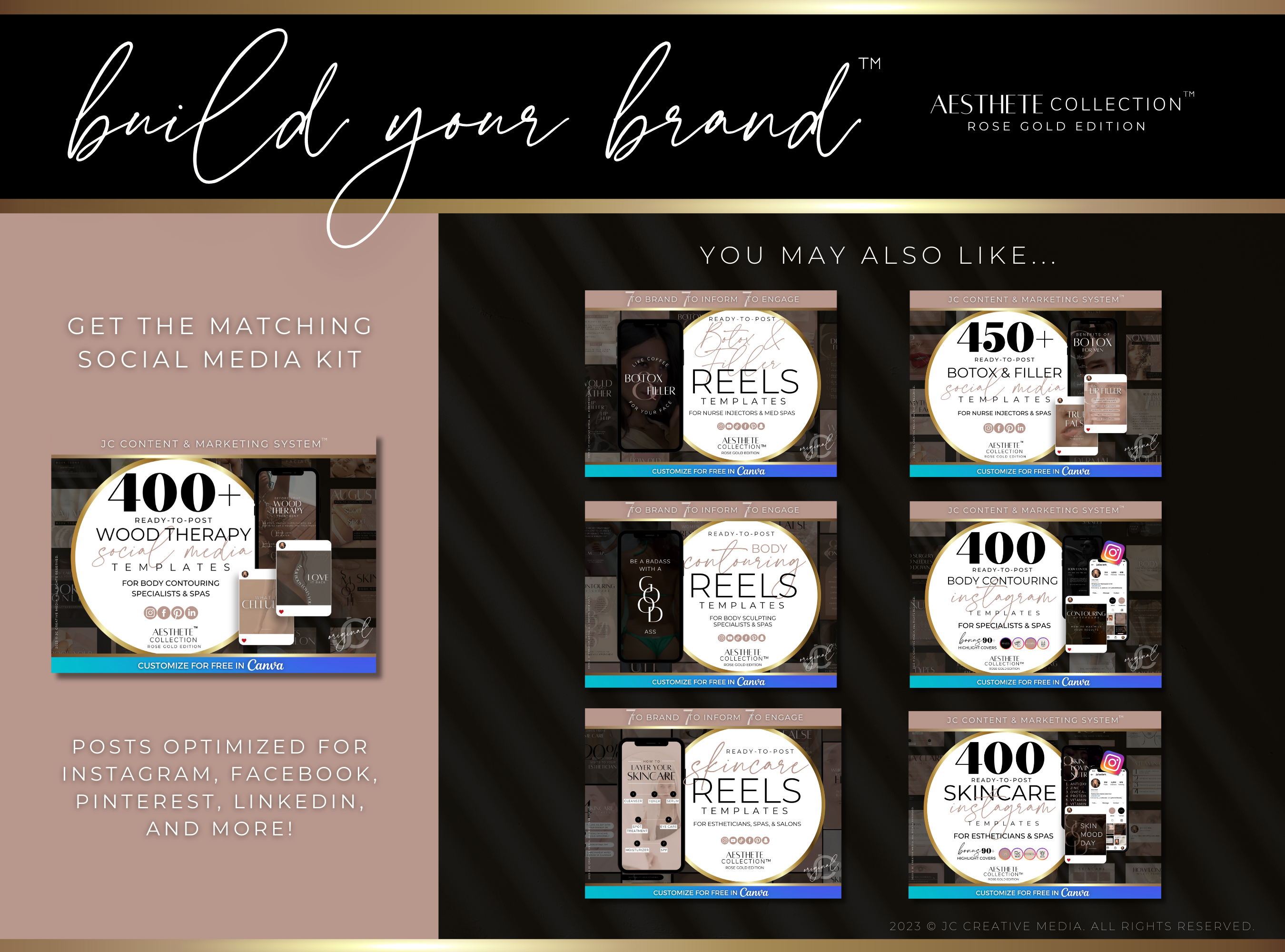 21 Wood Therapy Marketing Reels Posts for Spas & Body Contouring Specialists (Canva Video Templates) | Aesthete Collection™ Rose Gold Edition